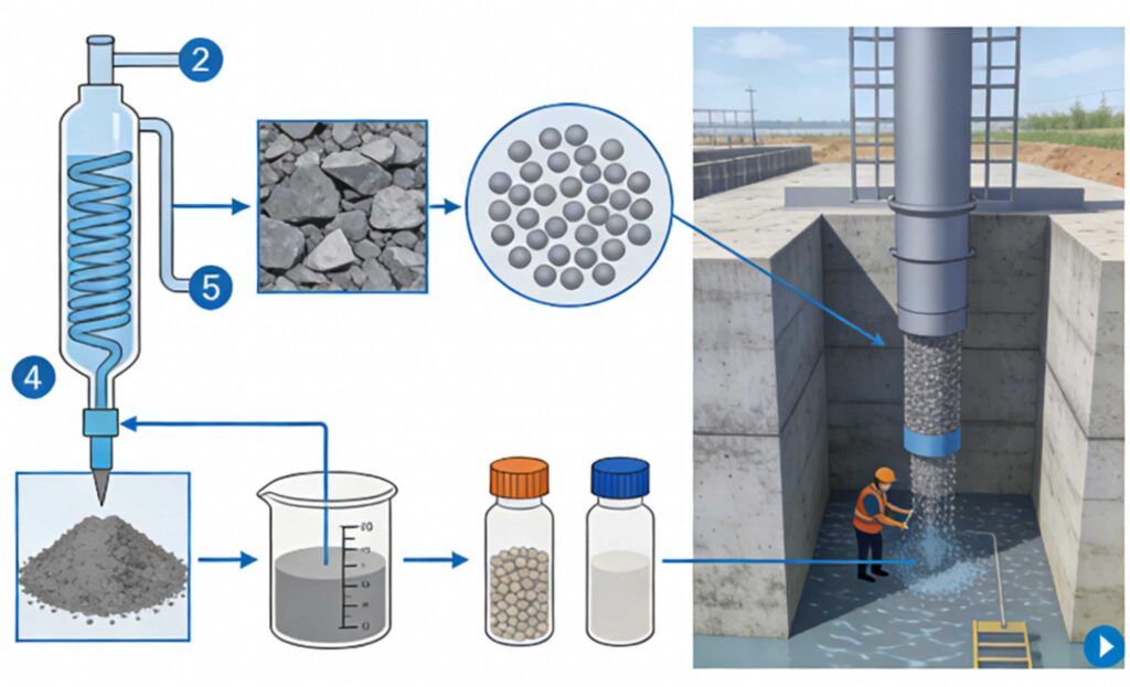 Sodium silicate cement grouting dual injection system for soil stabilization and water sealing with sodium silicate and cement slurry mixing at nozzle