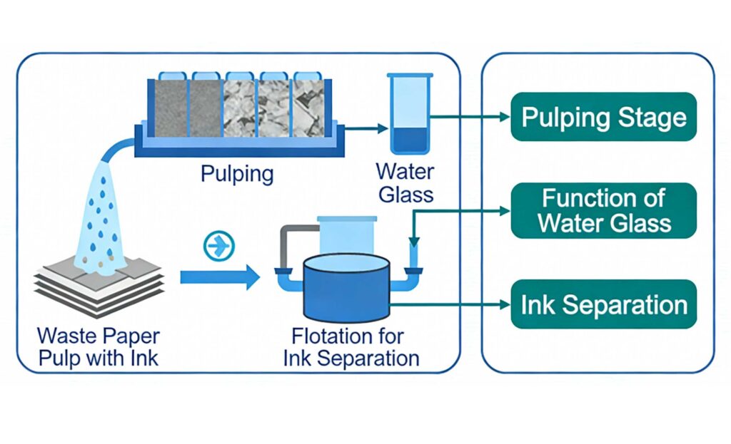 Sodium silicate water glass application in waste paper deinking process diagram showing pulping flotation washing and ink removal mechanism