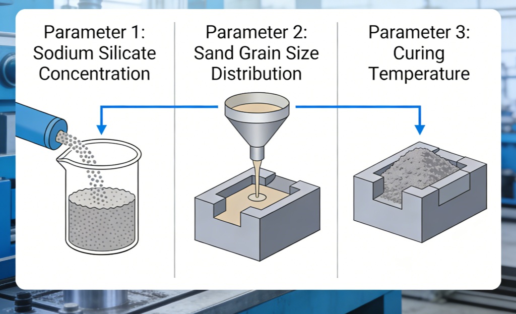 Sodium silicate sand casting process infographic showing three essential parameters CO2 curing time sodium silicate dosage and gas pressure for superior casting quality