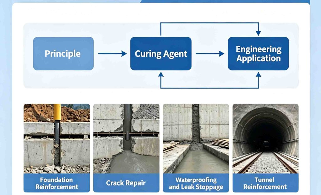 Sodium silicate chemical grouting system with dual fluid injection pumps and hose penetrating soil for water cutoff and soil stabilization