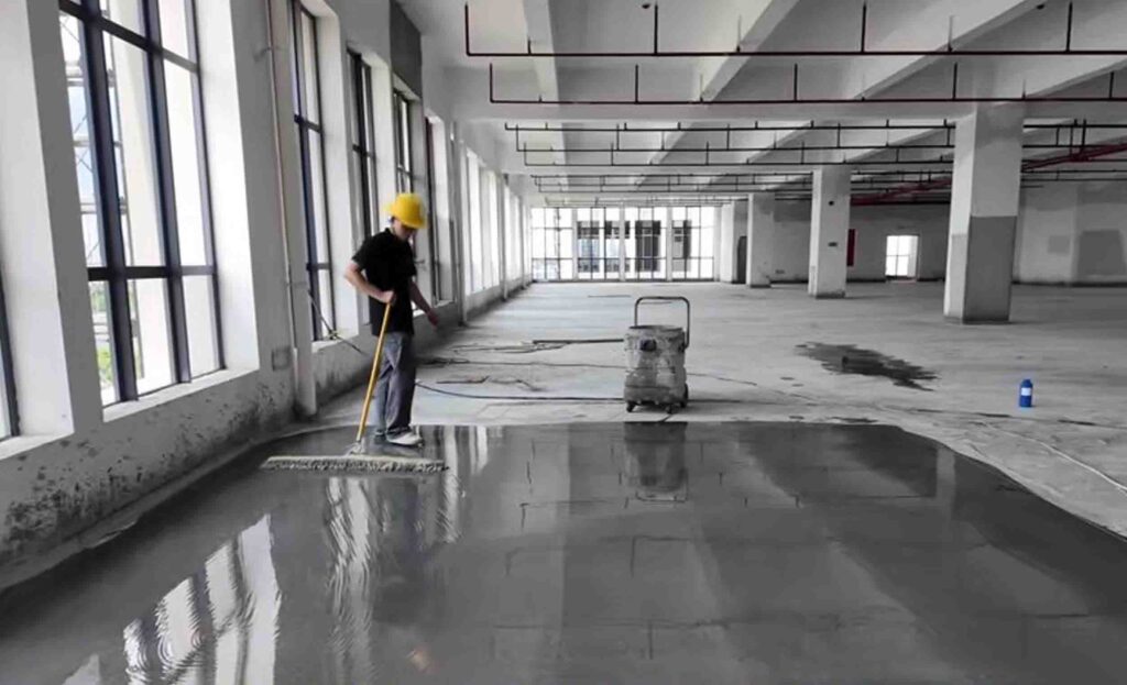 Step by step concrete sealer dilution process from concentrate container to water mixing to roller application on floor