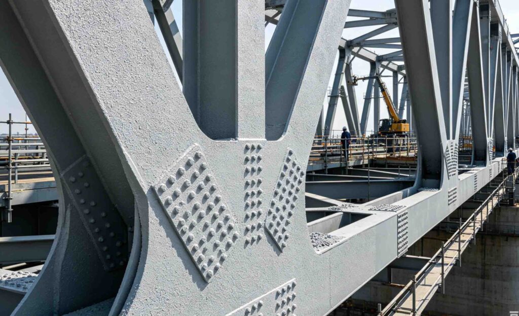 Inorganic zinc silicate coating cross section showing zinc particles in silicate binder providing cathodic protection to steel substrate