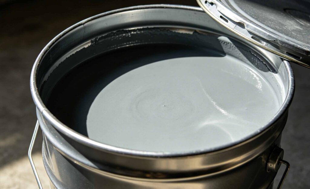 Inorganic zinc silicate coatings being applied to steel structure for corrosion protection showing gray matte finish