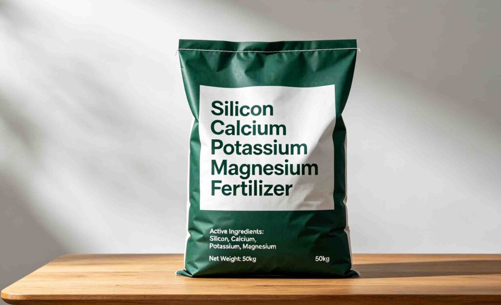 Bagged silicon calcium potassium magnesium fertilizer in woven bags stacked on pallet in warehouse with product label showing nutrient content