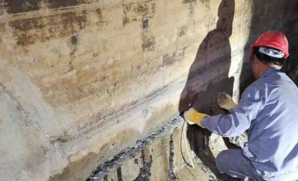 Permanent waterproofing for concrete showing water beading on treated surface versus soaking into untreated concrete with dampness