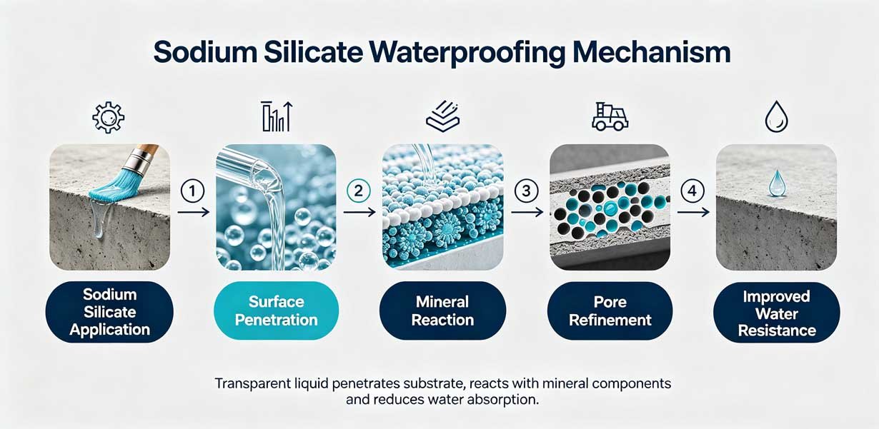 Sodium silicate waterproofing mechanism showing pore sealing by CSH gel formation and reduced water ingress in concrete