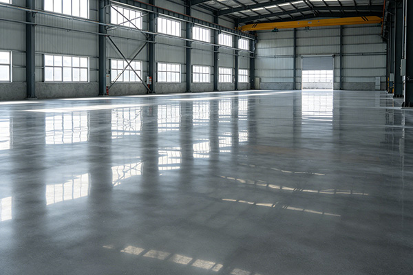 Silicate based concrete sealer application process showing spraying on warehouse floor even coverage and penetration into concrete surface