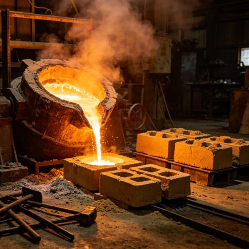 Silicate in foundry and casting showing CO2 cured sand mold core assembly and finished metal casting production