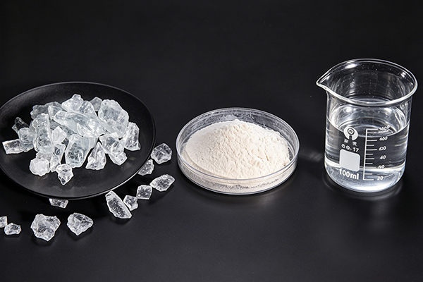 Potassium silicate three forms solid block powder granular and liquid water glass displayed side by side for industrial comparison
