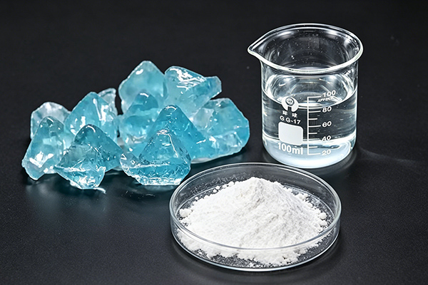 Three forms of sodium silicate block solid powder granular and liquid water glass displayed side by side for industrial comparison
