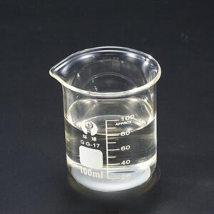 Liquid sodium silicate CAS 1344-09-8 in clear glass beaker showing transparent viscous solution with chemical formula label