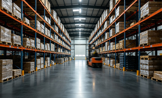 Concrete densifier for warehouse floors and logistics centers showing hardened dustproof polished concrete surface with forklift in industrial facility