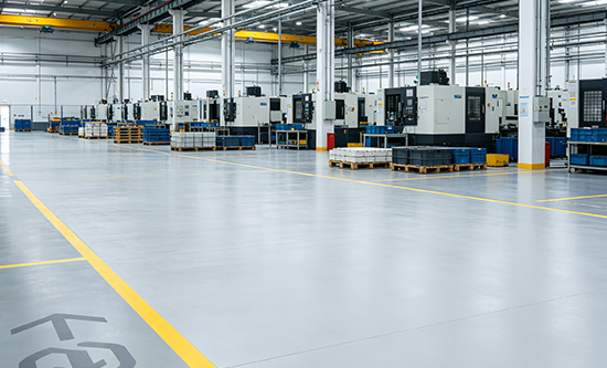 Concrete densifier for factories and industrial floors showing hardened dustproof surface with heavy machinery in manufacturing facility