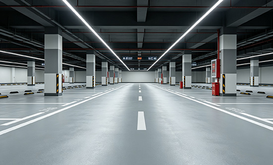 Concrete densifier for parking garages and airport floors showing hardened sealed concrete surface resistant to deicing salts tire marks and moisture penetration