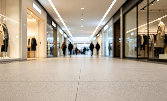 Concrete densifier for shopping centers and commercial venues showing polished sealed concrete floor with high gloss reflection in retail environment