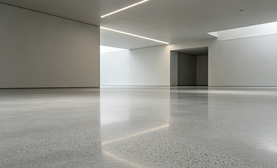 Polished concrete projects showing high-gloss reflective floor surface with uniform aggregate exposure for commercial and architectural spaces