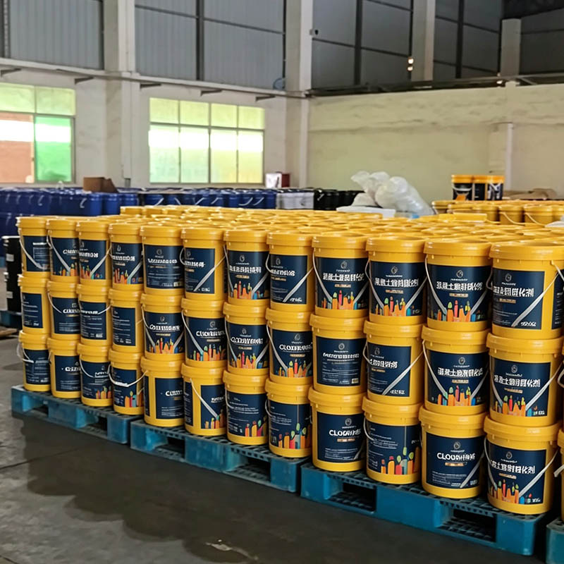 Lithium silicate concrete densifier storage with sealed drums and IBC totes in dry ventilated warehouse at controlled temperature