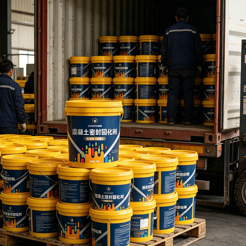 Lithium silicate floor densifier loading operation with forklift handling IBC totes and drums into shipping container for export