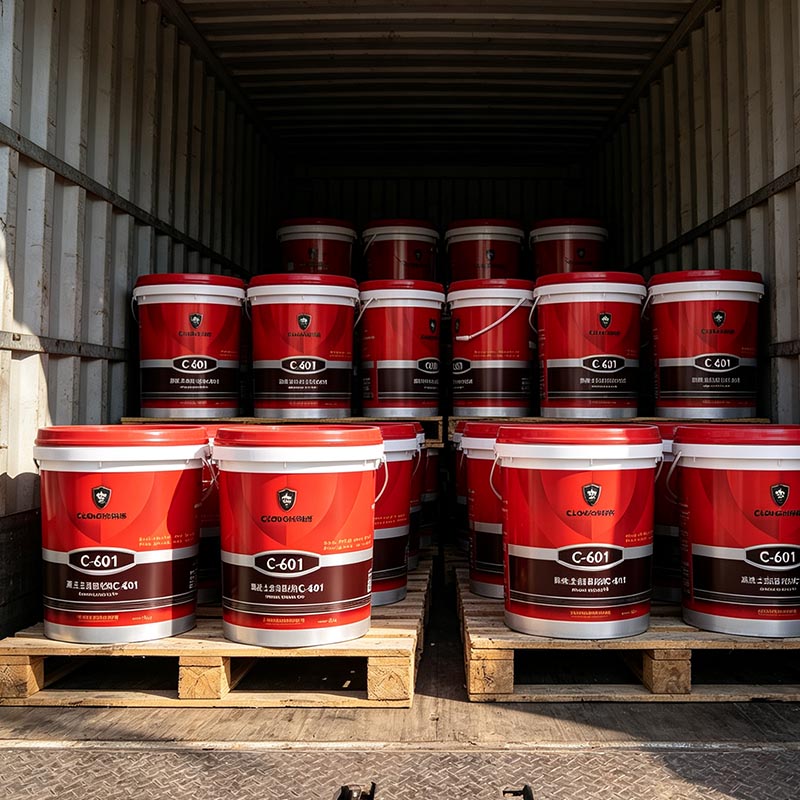 Sodium silicate densifier shipping with sealed drums and pails being loaded onto truck for export delivery