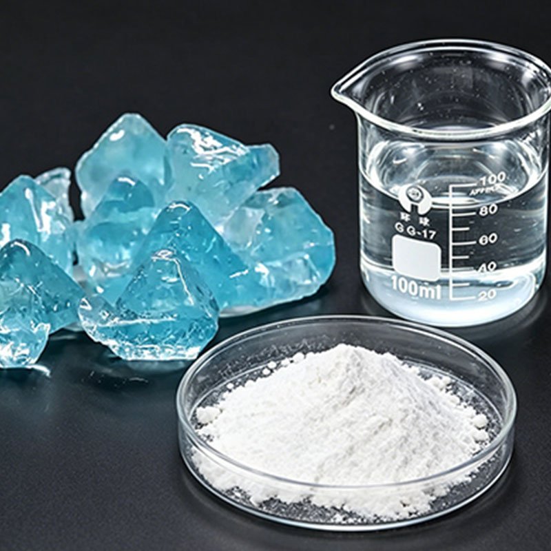 Sodium silicate products showing liquid solid and powder forms with packaging for industrial applications