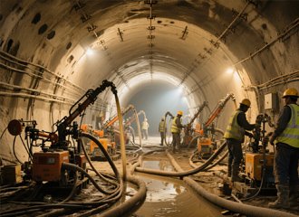 Sodium silicate chemical grouting in underground tunnels for water sealing and ground stabilization with injection equipment