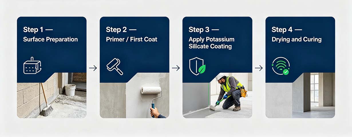 Potassium silicate coating application process showing surface preparation mixing spraying and curing for steel protection