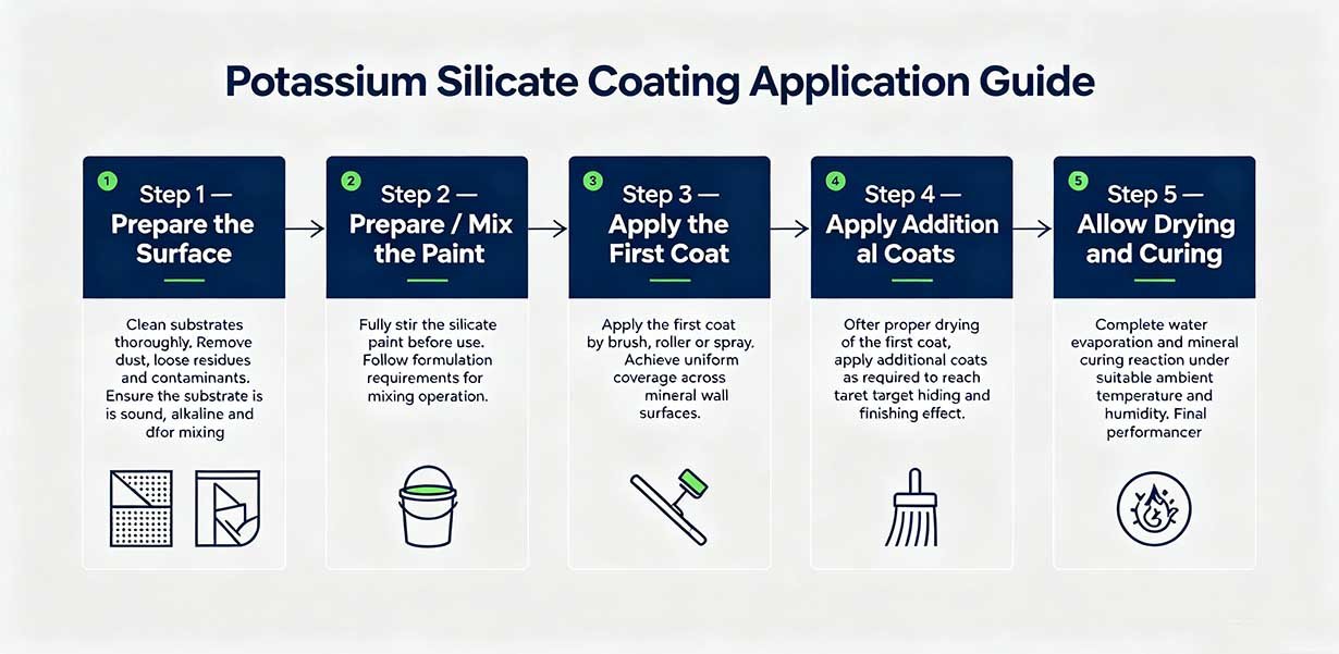 Potassium silicate paint application steps showing surface preparation primer coating top coat and curing for mineral surfaces