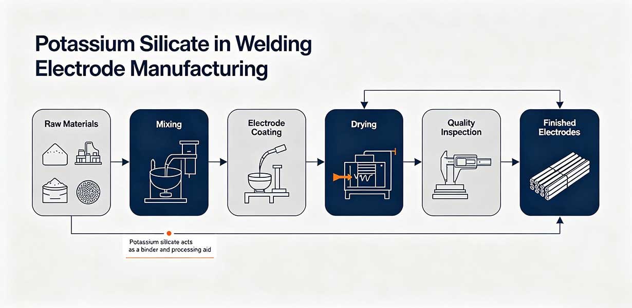 Potassium silicate welding electrode manufacturing process flow showing flux mixing extrusion drying and coating formation