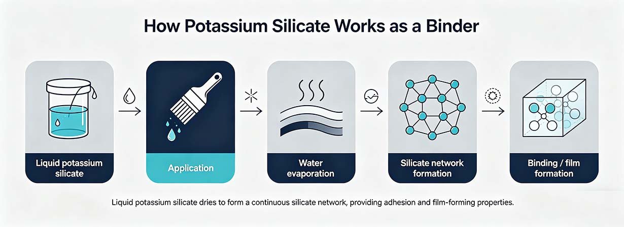 Potassium silicate binder mechanism showing siloxane network formation and alkali activation of slag for geopolymer applications