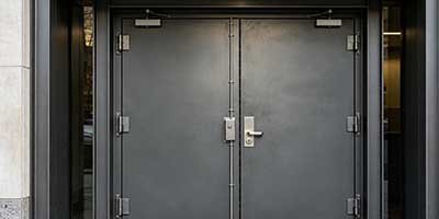 Potassium silicate fire-resistant steel door cross-section with mineral fiber core and intumescent binder forming ceramic layer during fire test