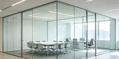 Potassium silicate fire-rated glass partition in office interior showing EI30 rated glazing with slim aluminum frame