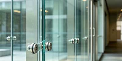 Potassium silicate safety glazing system showing laminated glass construction with fire-resistant gel interlayer for building protection