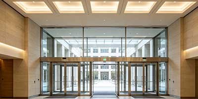 Potassium silicate fire-resistant glass in public building with partition walls doors and observation windows for fire safety