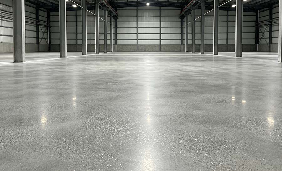 Lithium silicate concrete densifier application showing hardened polished concrete surface with water beading effect on warehouse floor