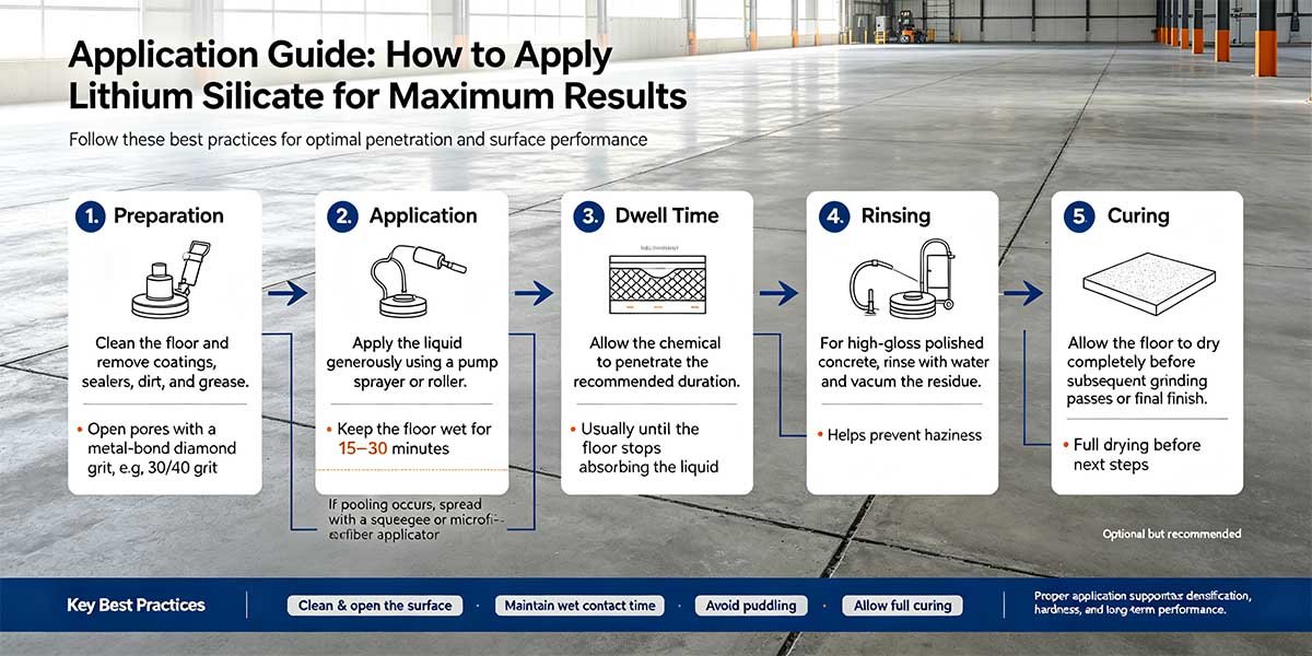 Lithium silicate concrete floor hardening process showing surface preparation spray application and polished finished floor