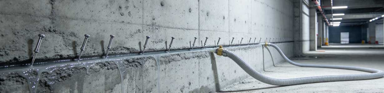 Water glass injection grouting system with dual fluid pump injecting sodium silicate and reactant for soil stabilization and water cutoff