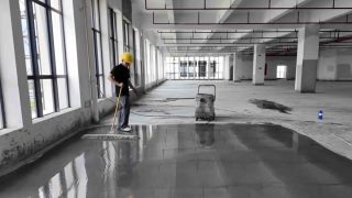 Step by step concrete sealer dilution process from concentrate container to water mixing to roller application on floor