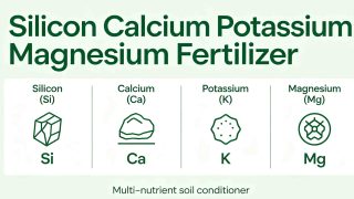 Silicon calcium potassium magnesium fertilizer granules being applied to crop soil for balanced mineral nutrition and improved plant health