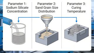Sodium silicate sand casting process infographic showing three essential parameters CO2 curing time sodium silicate dosage and gas pressure for superior casting quality